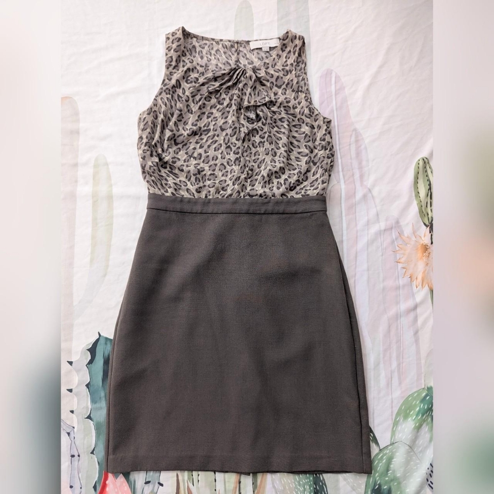 Ann Taylor Loft Petites Brown & Gray Cheetah Print Ruffle Front Sheath Dress